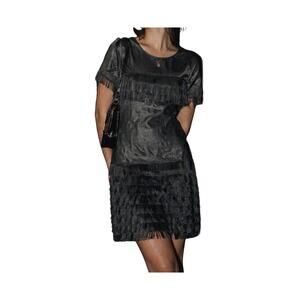 Vintage 90s Black Fringe Dance Dress Size 10 Cabaret Hollywood Grunge Glam Noir